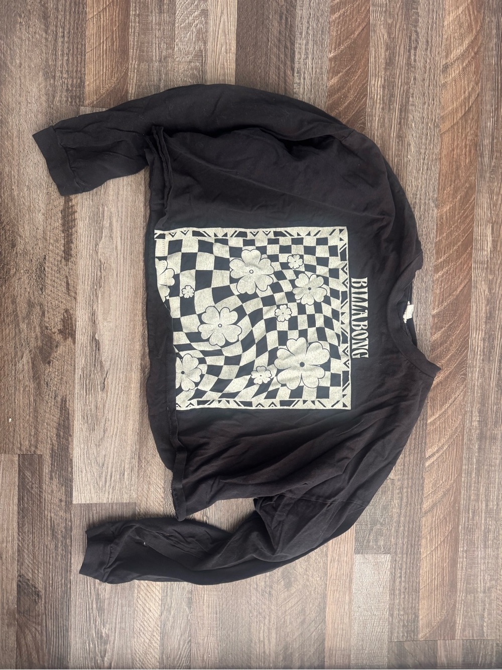 Billabong Black Long Sleeve Tee with White Floral Checker Graphic
